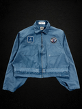 Camino’s Auto Parts blue rework jacket featuring Mercedes Benz and Alpina patches with a front zip closure