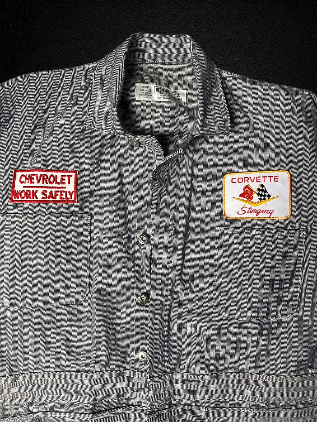 Camino’s Auto Parts reworked grey herringbone twill trucker jacket with vintage Chevrolet and Corvette Stingray patches