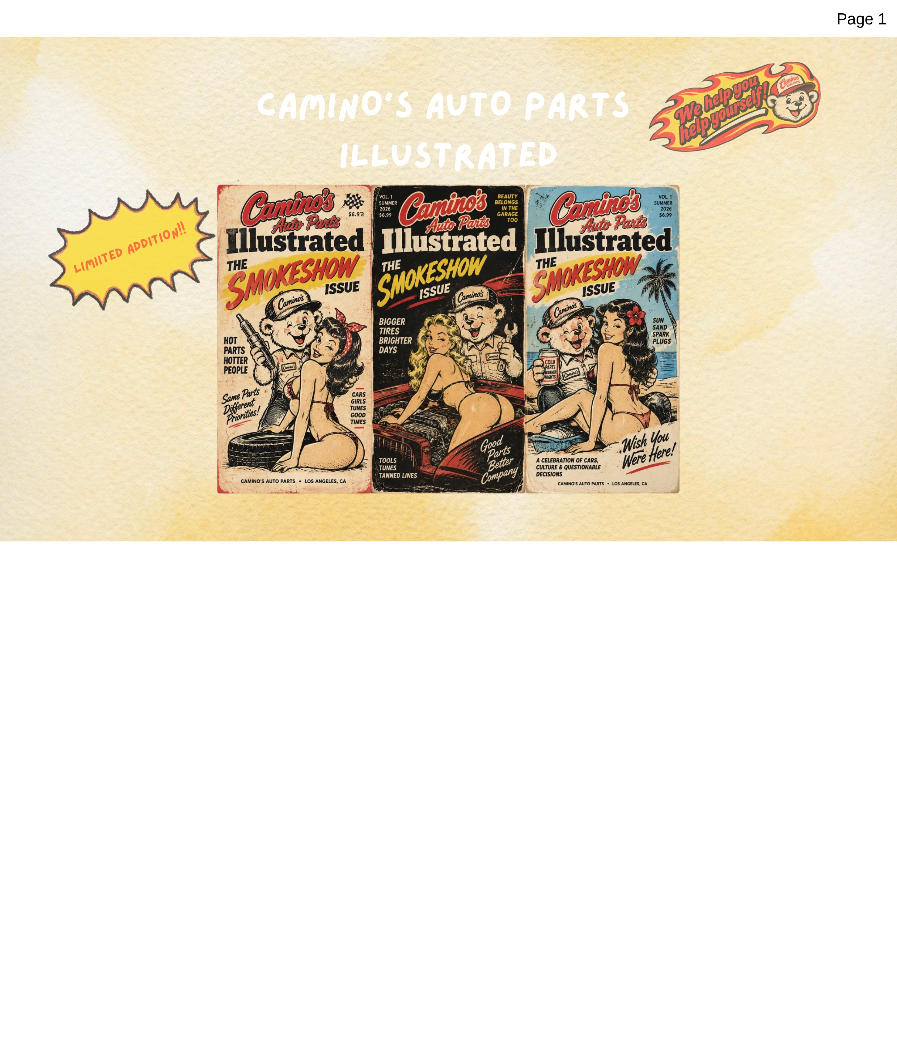 Camino’s Auto Parts Illustrated: three Smokeshow magazine covers on yellow paper, with a limited-edition starburst and the We help you help yourself bear badge.